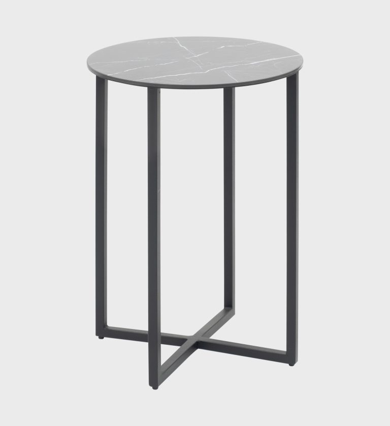 The Club Side Table is a sleek embodiment of modern minimalism. Its circular gray marble top, veined with delicate white lines, rests on a slender black metal frame