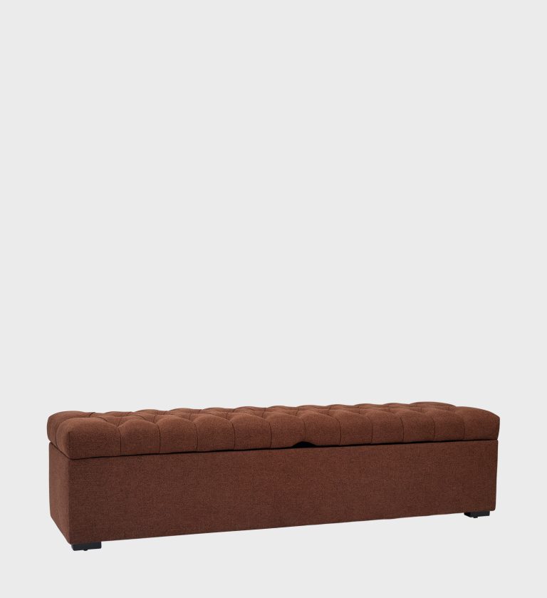 The Lux Ottoman with Lid combines practicality with refined design. Upholstered in rich brown fabric, its tufted top adds texture and sophistication