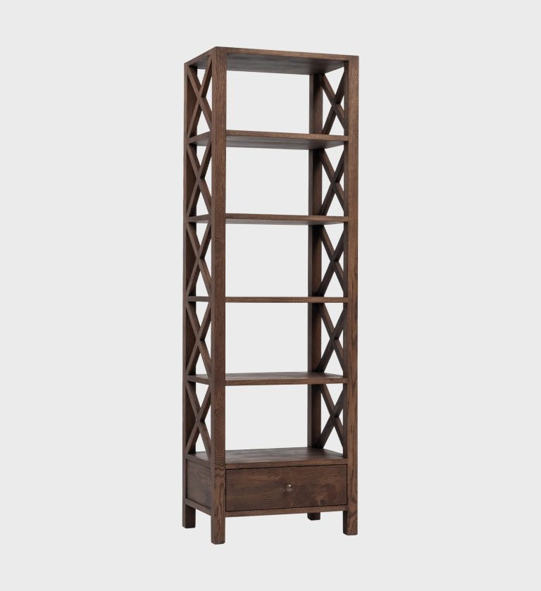 The Santa Cruz Narrow Bookcase combines rustic charm with modern simplicity. Crafted from rich wood, it features five open shelves framed by elegant cross‑panel sides and a single drawer at the base for concealed storage.