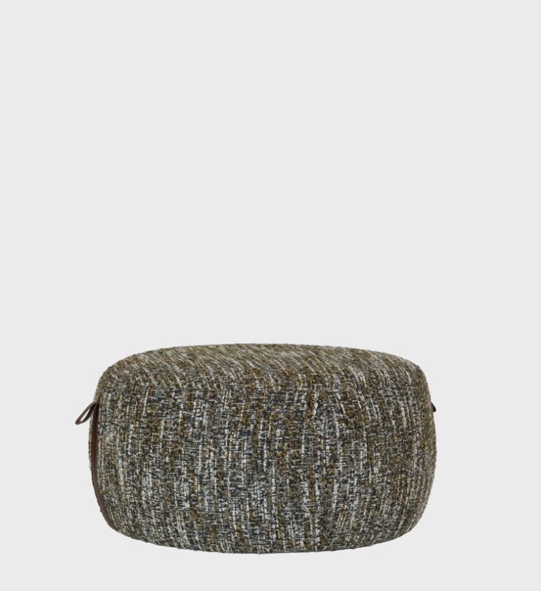 A refined blend of texture and tone, the Hudson Ottoman features a softly rounded silhouette upholstered in a woven fabric of earthy greys, browns, and olive hues