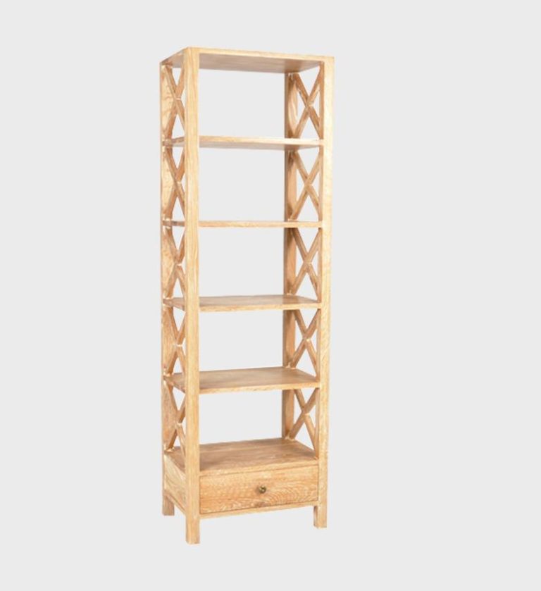 The Santa Cruz Narrow Bookcase combines rustic charm with modern simplicity. Crafted from rich wood, it features five open shelves framed by elegant cross‑panel sides and a single drawer at the base for concealed storage.