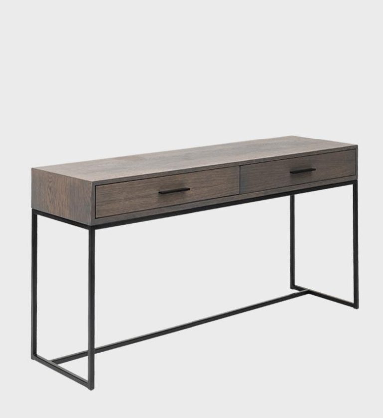 The Alexis Console SS is a refined expression of modern minimalism. Crafted from rich dark wood with a visible grain texture, it features two sleek drawers for discreet storage.