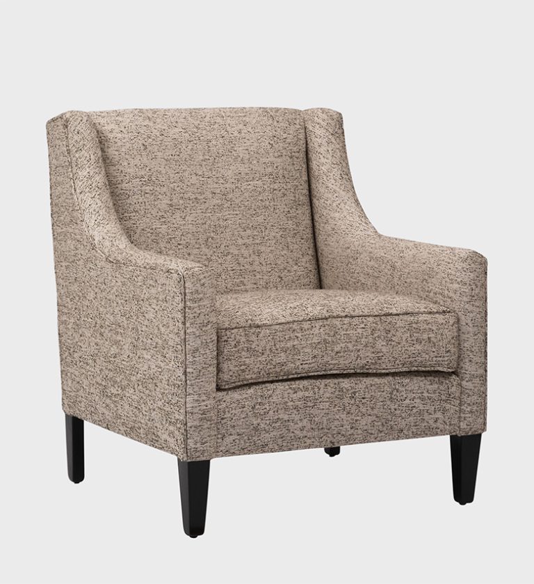The Shirley Armchair embodies timeless elegance with a contemporary edge. Upholstered in a textured taupe fabric, it features gently flared arms and a high back