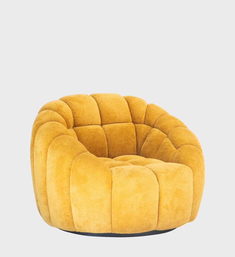 The Cloud Chair envelops you in plush comfort with its sculptural, cocoon‑like form. Upholstered in rich mustard‑yellow fabric