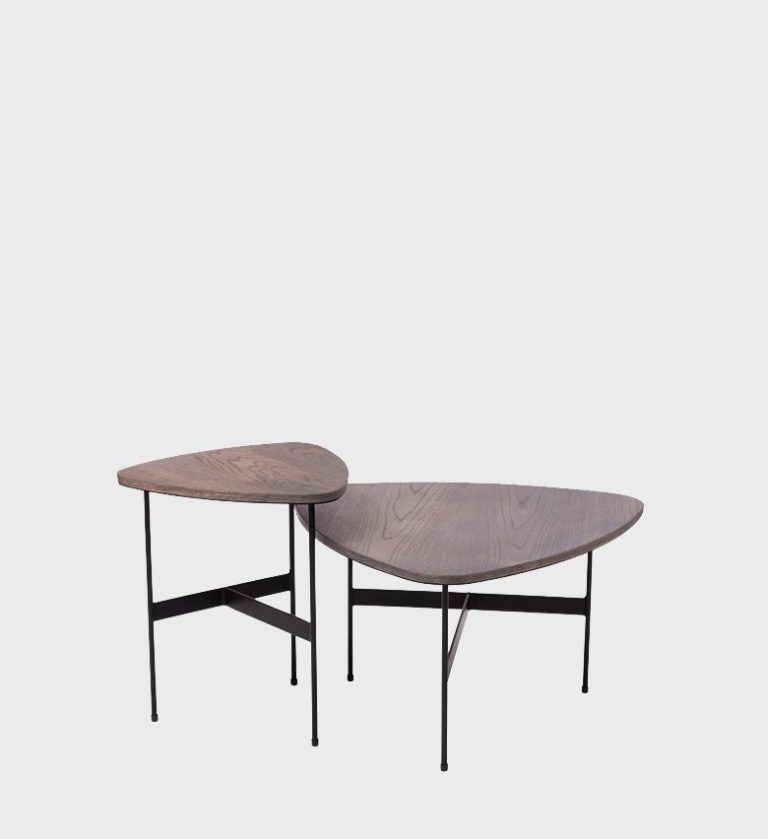 The Plectra Side Table Set Storm showcases a harmonious blend of organic form and minimalist structure. Each table features a smooth, asymmetrical top with softly rounded edges, supported by slender black metal legs joined by geometric crossbars for stability and visual balance.