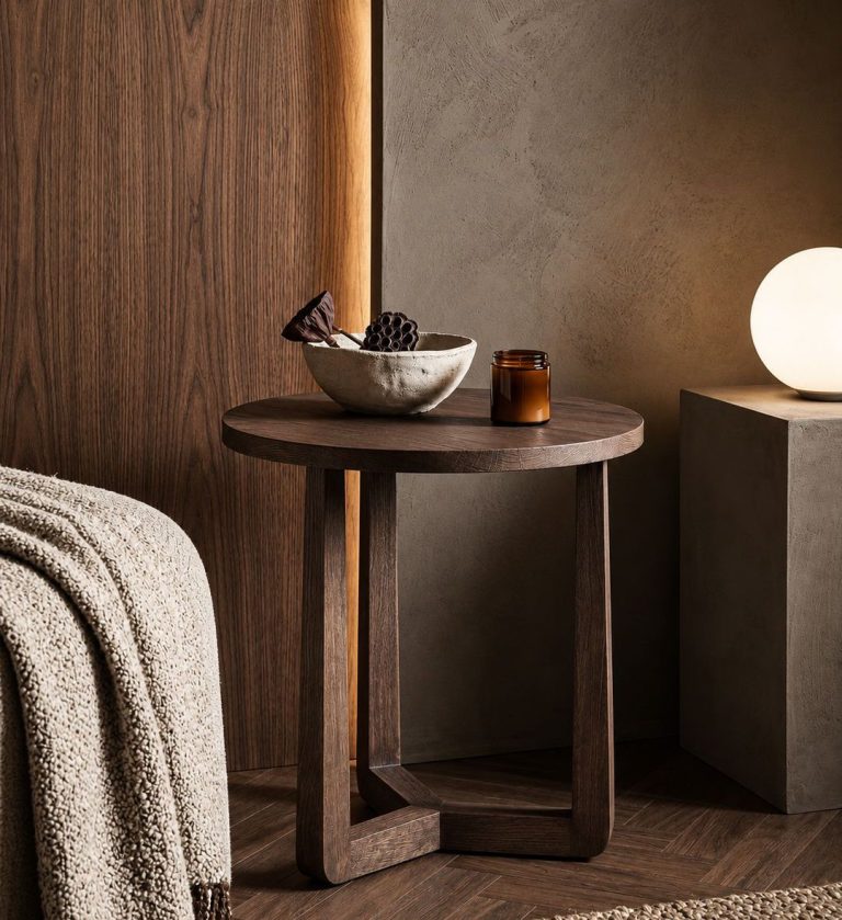 The Afton Side Table Small Walnut is a compact expression of modern craftsmanship. Its circular walnut top rests on three subtly tapered legs joined by a triangular base, creating a sculptural yet stable form.