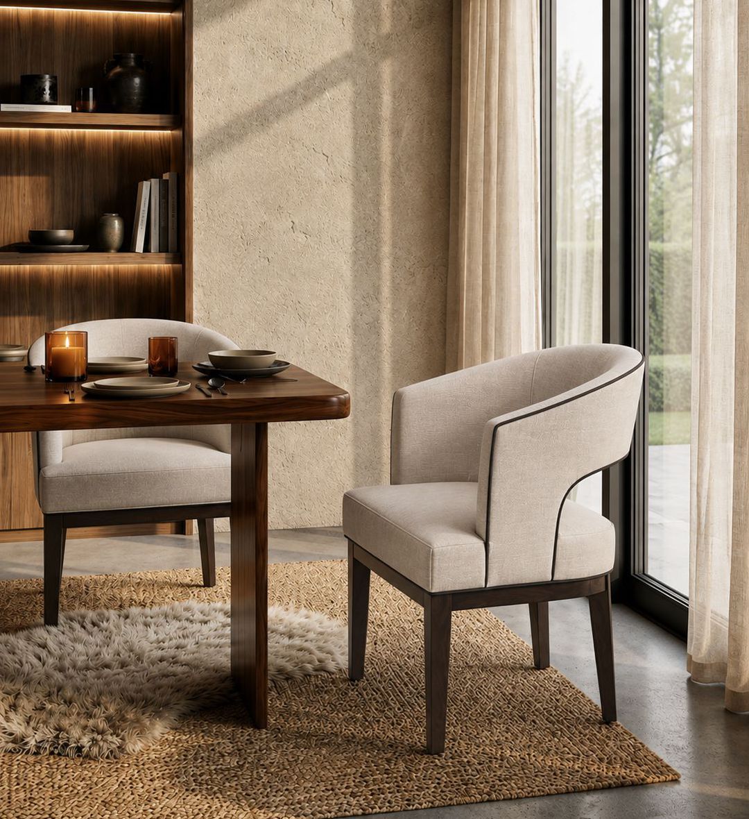 The Amur Dining Chair exudes refined comfort with its sculptural silhouette and curved backrest.