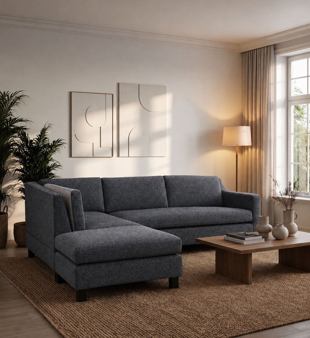 The Cavalli Corner Unit is a sophisticated modular sofa that merges comfort with contemporary design. Upholstered in a soft, textured light fabric,