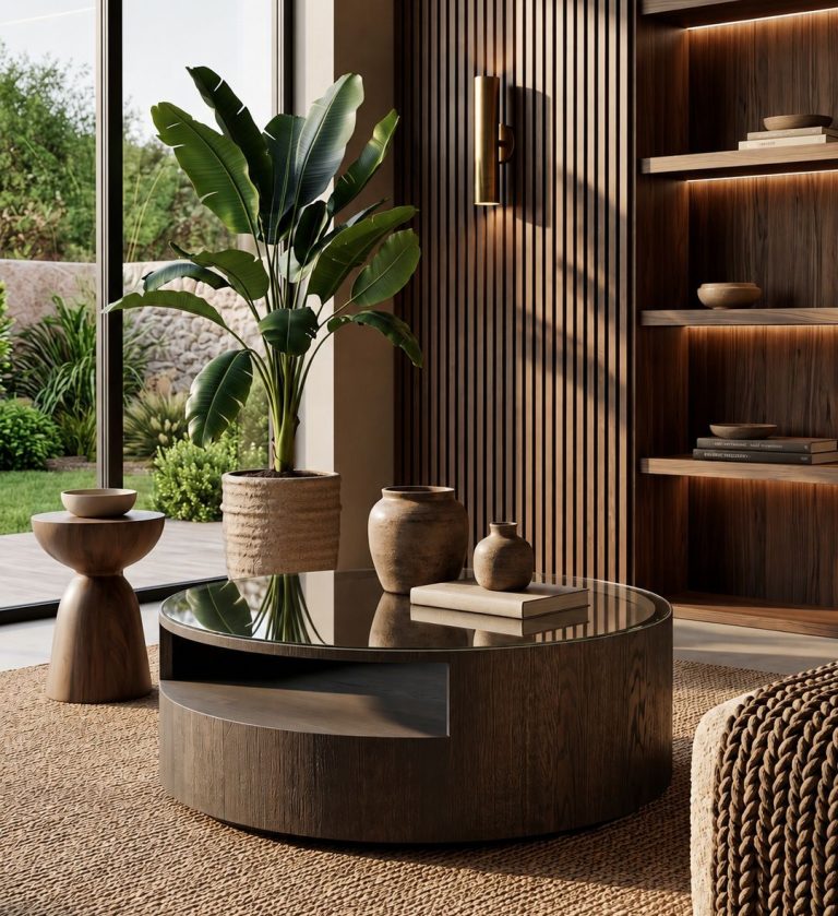 The Kenzo Coffee Table Storm combines refined craftsmanship with functional design. Its circular silhouette features a smoked glass top that adds a soft reflective quality,