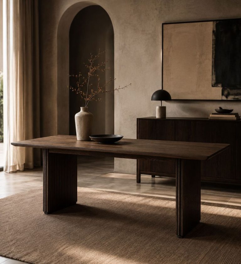 The Linga Dining Table is a refined example of minimalist craftsmanship. Its elongated rectangular top features softly rounded edges and a smooth, dark wood finish that highlights natural grain patterns.