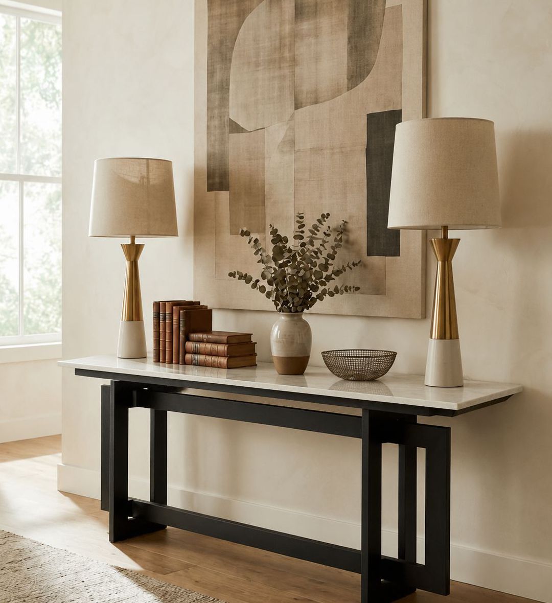 The Marbella Console is a masterclass in modern geometry and balance. Its elongated dark surface rests on a sculptural base composed of interlocking rectangular frames, creating a sense of architectural harmony.