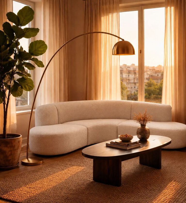 Curved cream boucle sofa in a sunlit living room with a gold floor lamp, wooden coffee table, and natural woven rug — modern minimalist interior by JVB Furniture Collection