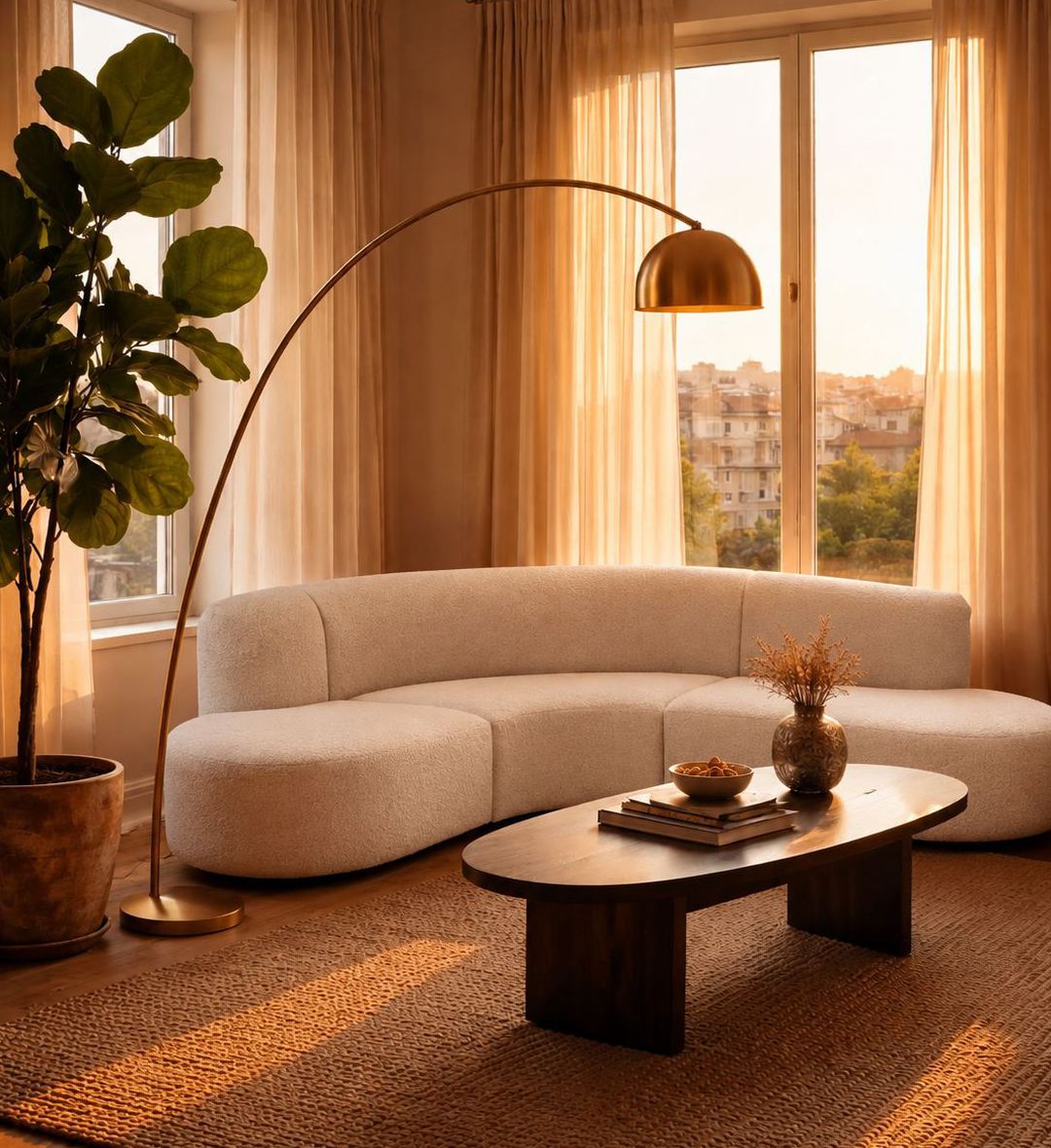 Curved cream boucle sofa in a sunlit living room with a gold floor lamp, wooden coffee table, and natural woven rug — modern minimalist interior by JVB Furniture Collection
