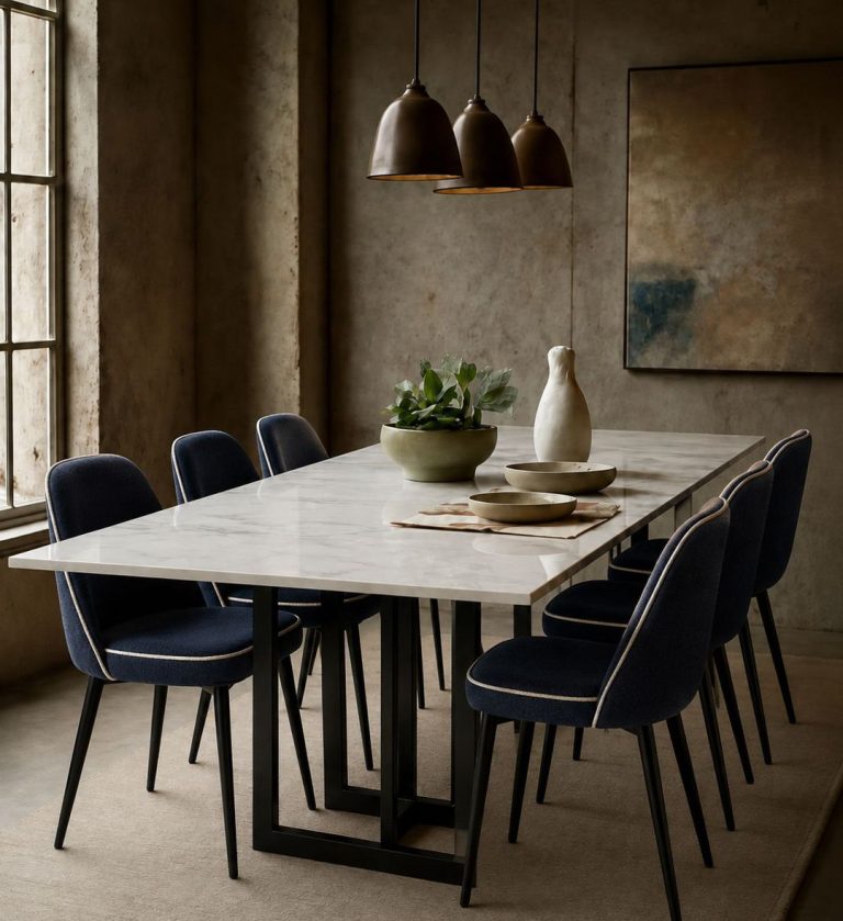 The Opulence Dining Table is a statement of refined luxury and modern geometry. Its polished white marble top, veined with soft gray patterns, exudes timeless elegance and lightness.