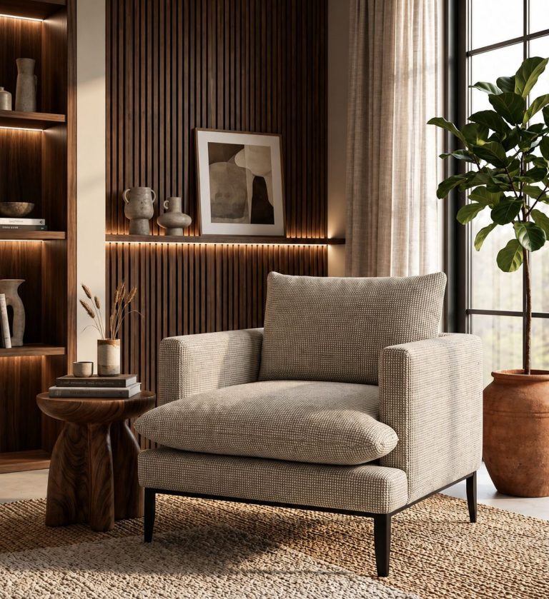 The Penthouse Chair embodies urban sophistication with its structured silhouette and plush comfort. Upholstered in a textured black‑and‑white crosshatch fabric, it offers a refined yet contemporary aesthetic.