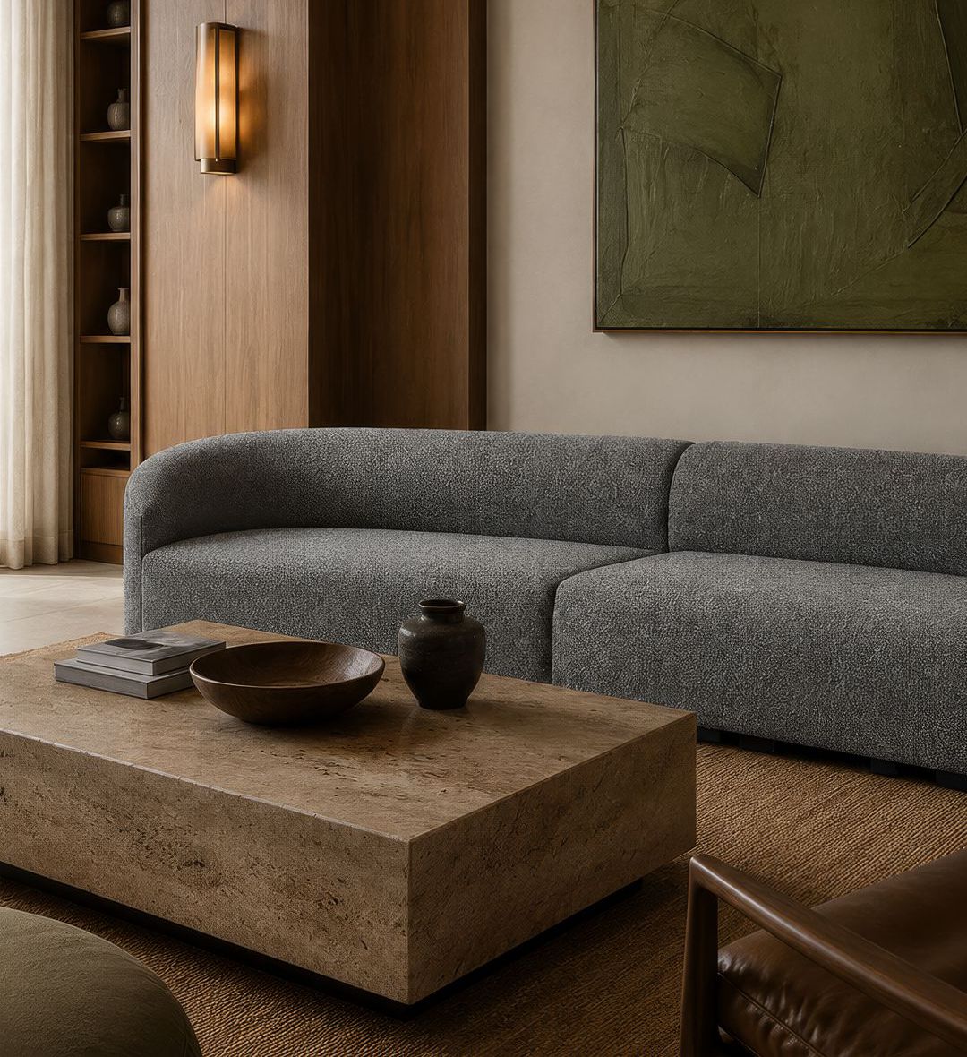 The Serenity Sofa is a harmonious blend of modern minimalism and organic form. Upholstered in a textured gray fabric, it features a smooth, curved silhouette that flows effortlessly across its modular sections.