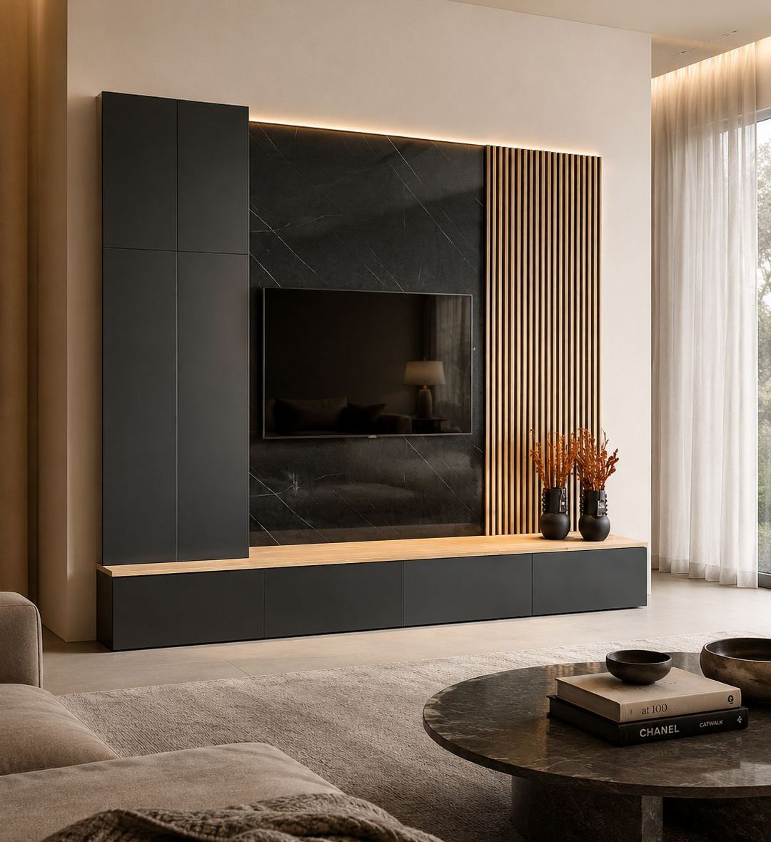 The Velour AV Unit is a striking composition of modern luxury and architectural balance. Its design merges matte black cabinetry with a natural wood accent and a sleek marble backdrop, creating a sophisticated contrast of texture and tone.