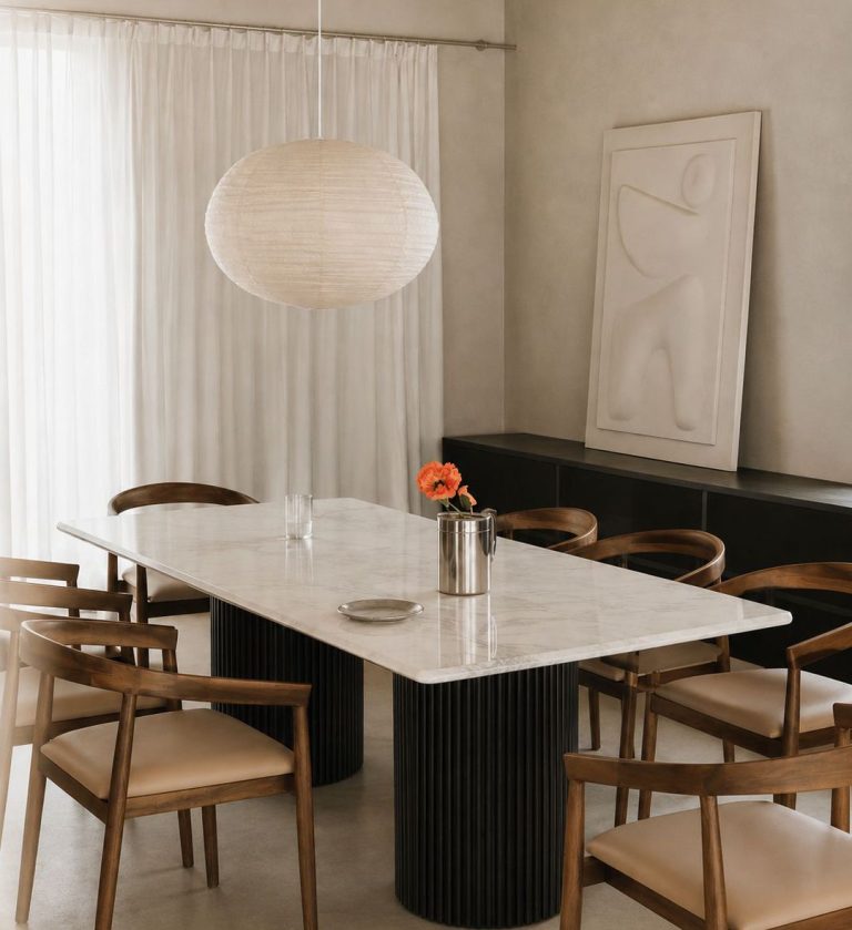 The Venice Dining Table is a masterclass in architectural elegance and material harmony. Its expansive rectangular top, finished in deep stone with subtle veining, rests on two cylindrical fluted bases that introduce rhythm and sculptural balance.