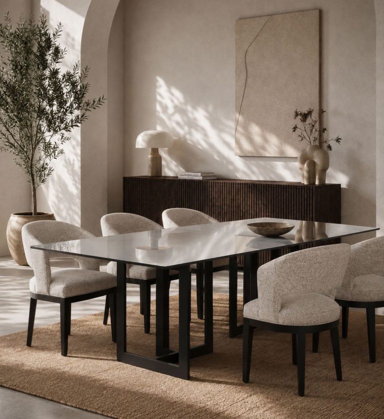 The Zandi Dining Table is a striking example of modern minimalism and structural artistry. Its expansive rectangular glass top rests on a geometric metal base composed of interlocking rectangular frames in a deep black finish.