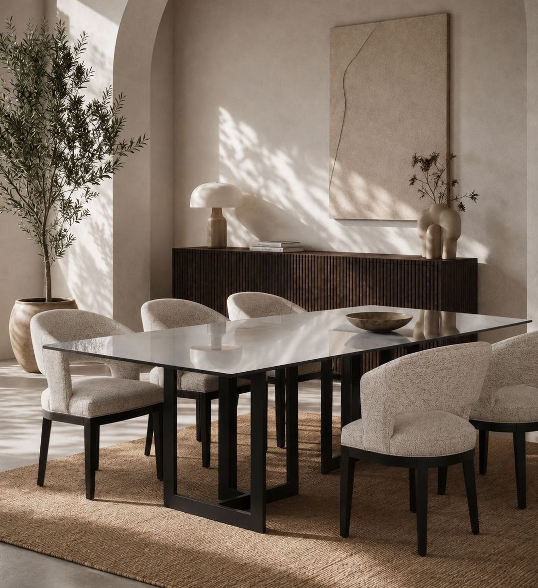 The Zandi Dining Table is a striking example of modern minimalism and structural artistry. Its expansive rectangular glass top rests on a geometric metal base composed of interlocking rectangular frames in a deep black finish.