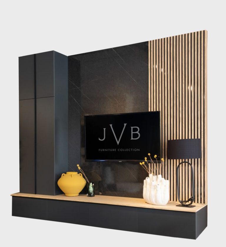 The Velour AV Unit is a striking composition of modern luxury and architectural balance. Its design merges matte black cabinetry with a natural wood accent and a sleek marble backdrop, creating a sophisticated contrast of texture and tone.